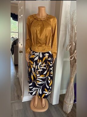 NWT BODEN Mustard Yellow Blouse Paired With Multicolor Leaf Pattern Shirt